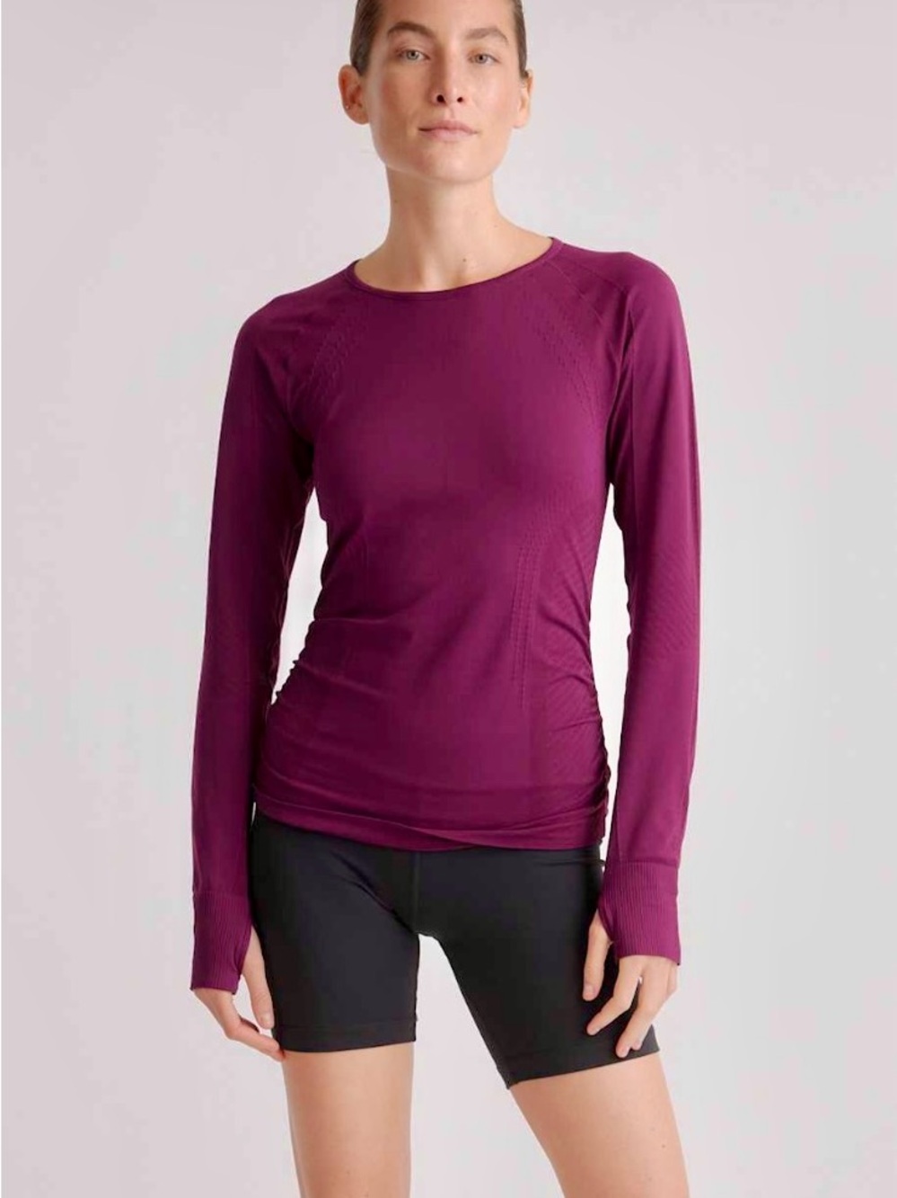 Quince Seamless Ruched Long Sleeve Crewneck Top in Plum